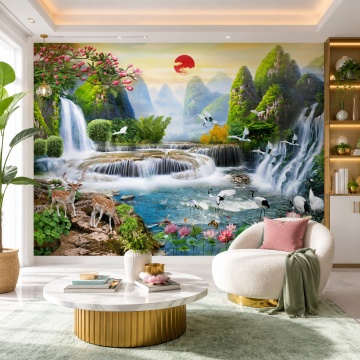 Fototapet 3D Cascade cu Caprioare In Peisaj de Vis OPO538 Salon Modern