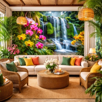 Fototapet Peisaj Exotic cu Cascadă și Orhidee Living Tropical