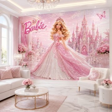 Fototapet Premium Cameră Copii, Barbie Prințesă și Castelul Roz SFG1