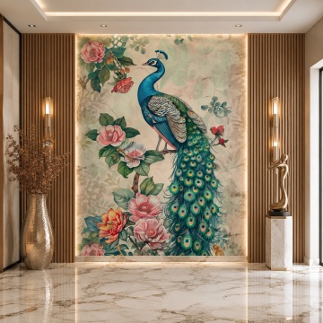 Fototapet Vertical Păun Imperial cu Flori ANLS41 Lobby Modern