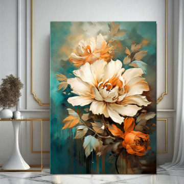 Tablou Canvas Flori Crem-Portocalii Aspect Pictura TPF47 - Img 3