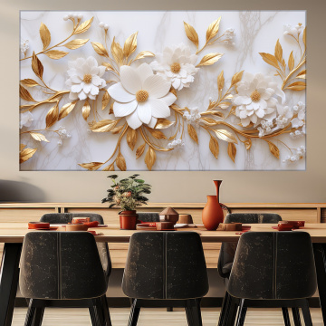 Tablou Canvas Flori Elegante Albe cu Frunze Aurii ILM64
