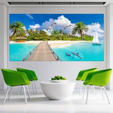 Tablou Canvas Insula Tropicala cu Palmieri si Delfini PIN42