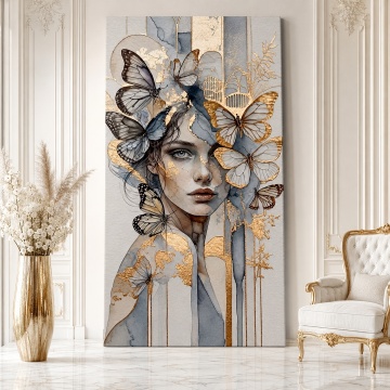 Tabloul Canvas Chip de Femeie cu Fluturi Aurii CRA12
