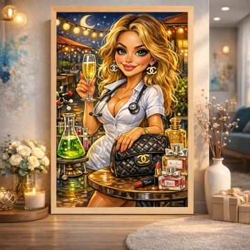 Caricatură Doamna Doctor în Prosecco & Molecule – cu ramă din lemn natur CHP8 - Img 3