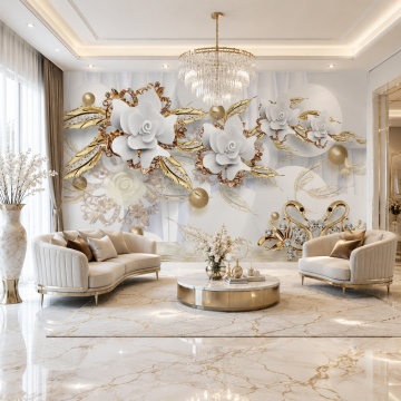 Fototapet 3D Flori Albe Cu Lebede Aurii PFT28 Living Premium