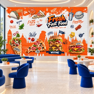 Fototapet Mural Modern cu Pizza, Burgeri și Gyros GMF30