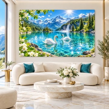 Tablou Canvas Lebede Albe pe Lacul Turcoaz Alpin PIN88