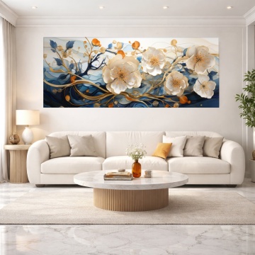 Tablou Canvas Panoramic – Dans de Flori Albe pe Valuri Albastre FLAR128