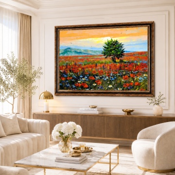 Tablou Copac cu Maci la Poalele Muntilor, Canvas+Rama TPF36 Living cu Rama Maro