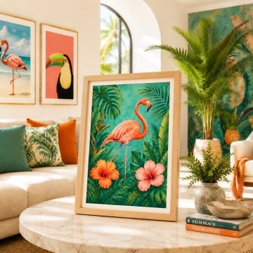 Tablou cu Ramă Flamingo în junglă tropicală vibrantă ANLS57 Living Exotic