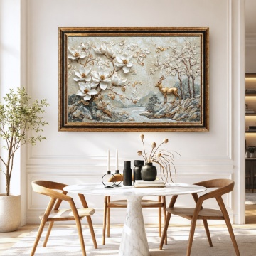 Tablou Magnolii Albe cu Cerb Auriu | Canvas + Rama FLAR114
