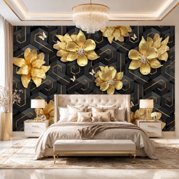 Fototapet 3D Flori Aurii cu Fundal Negru Futurist BES119 Dormitor Matrimonial