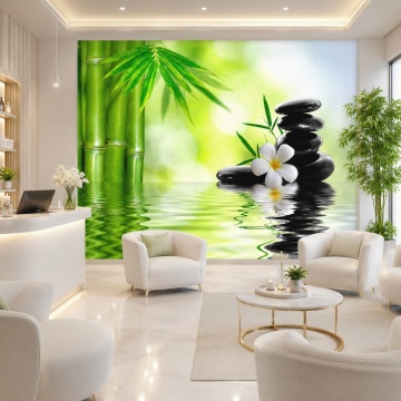 Fototapet 3D Mural Zen cu Bambus, Pietre Vulcanice și Floare Albă – BMS7