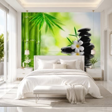 Fototapet 3D Mural Zen cu Bambus, Pietre Vulcanice și Floare Albă – BMS7 Dormitor Matrimonial