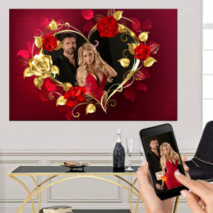 Tablou Canvas Colaj Inima cu Trandafirii Rosii si Aurii CFR2