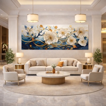 Tablou Canvas Panoramic – Dans de Flori Albe pe Valuri Albastre Lobby de Lux