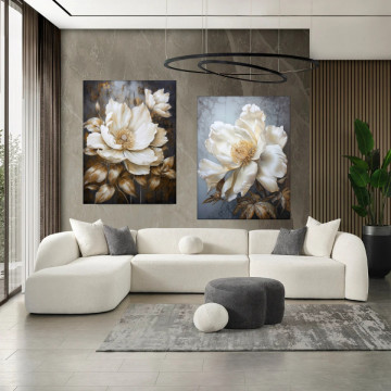 Tablou Canvas Floare Eleganta Crem cu Frunze Bronz TPF40 - Img 4