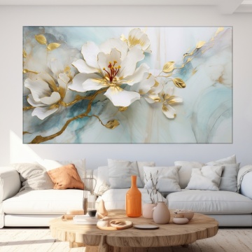 Tablou Canvas Flori Albe-Aurii pe Marmura BYL18 - Img 3