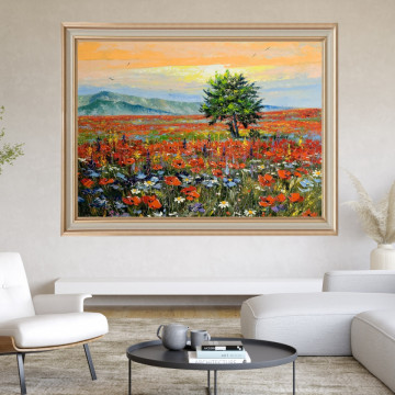 Tablou Copac cu Maci la Poalele Muntilor, Canvas+Rama TPF36