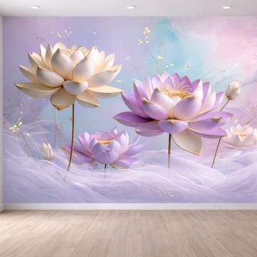 Fototapet 3D Flori Lotus Mov Pastel cu Accente Aurii pe Perete
