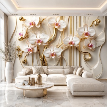 Fototapet 3D Orhidee Albe cu Accente Aurii Premium SRN24 Living Premium