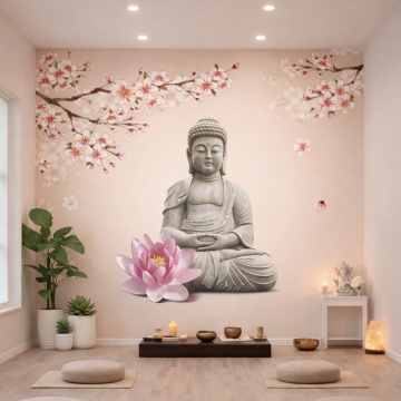 Fototapet Buddha Printre Crengute cu Flori de Cires BDS19
