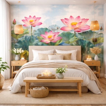 Fototapet Lotus Zen cu Frunze Tropicale FLAR122 Dormitor Tropical