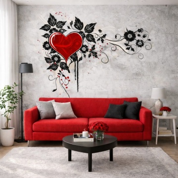 Fototapet Urban Romantic Inimă Roșie cu Flori Negre Living Modern