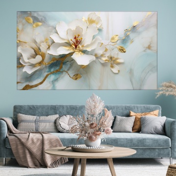 Tablou Canvas Flori Albe-Aurii pe Marmura BYL18