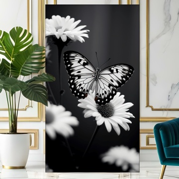 Tablou Canvas Fluture cu Flori Albe in Fundal Negru MYW20