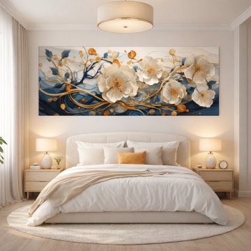 Tablou Canvas Panoramic – Dans de Flori Albe pe Valuri Albastre Dormitor Matrimonial
