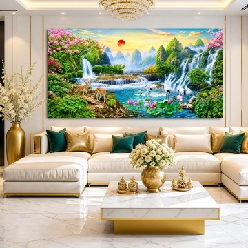 Tablou canvas gigant 200x100 cm cu cascade și căprioare într-un living modern generos