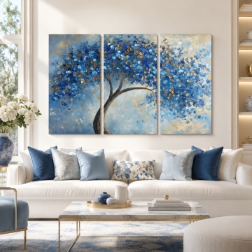 Tablou Canvas Triptic Copac Albastru cu Accente Aurii FLAR130