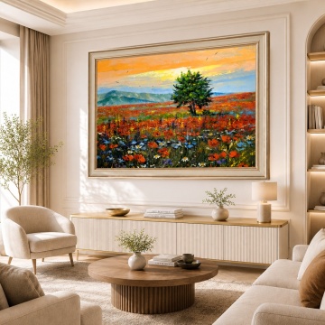 Tablou Copac cu Maci la Poalele Muntilor, Canvas+Rama TPF36