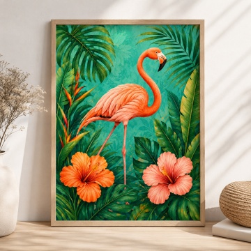 Tablou cu Ramă Flamingo în junglă tropicală vibrantă ANLS57