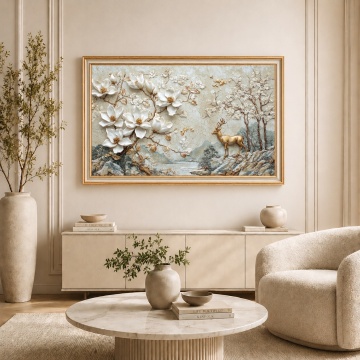 Tablou Magnolii Albe cu Cerb Auriu | Canvas + Rama FLAR114 Rama Auriu cu Crem