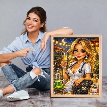 Caricatură Doamna Doctor în Prosecco & Molecule – cu ramă din lemn natur CHP8 - Img 2