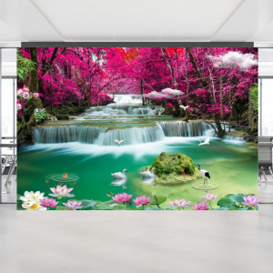 Fototapet 3D Cascada cu Nuferi si Lebede OPOS95 - Img 3