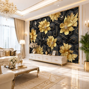 Fototapet 3D Flori Aurii cu Fundal Negru Futurist BES119 Living de Lux