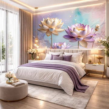 Fototapet 3D Flori Lotus Mov și Crem cu Accente Aurii FLAR95