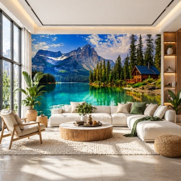 Fototapet Peisaj de Munte cu Cabana pe Lac PIN62