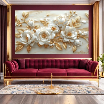 Tablou Canvas 3D Flori Albe Grandioase cu Frunze Aurii FLAR20