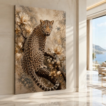 Tablou Canvas Leopard cu Ochi Albaștri și Flori Magnolia ANLS62