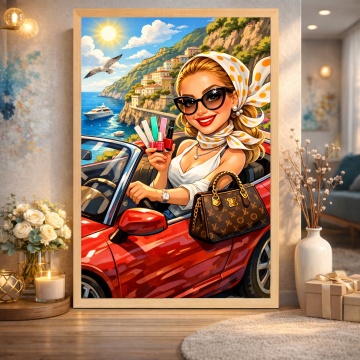 Caricatură glamour personalizată – Femeie elegantă pe Coasta Amalfi CHP6