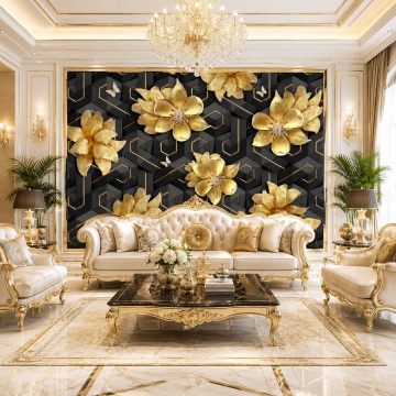 Fototapet 3D Flori Aurii cu Fundal Negru Futurist BES119 Living Premium