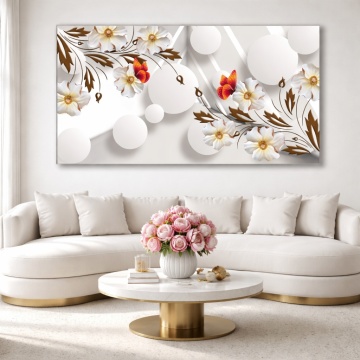 Tablou Canvas 3D Flori Albe cu Fluturi si Sfere OPOS134