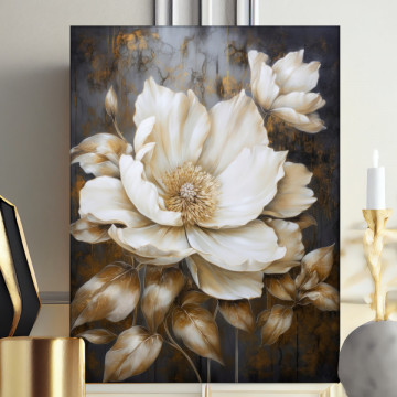 Tablou Canvas Floare Eleganta Crem cu Frunze Bronz TPF41