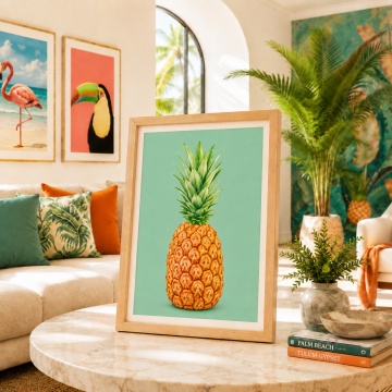 Tablou cu Ramă Ananas pe fundal verde mentă ANLS59 Masa Sufragerie