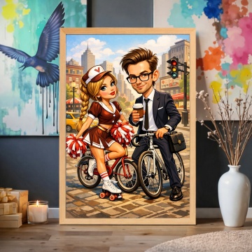 Caricatură Cuplu pe Biciclete Retro la Oraș – în ramă lemn natur